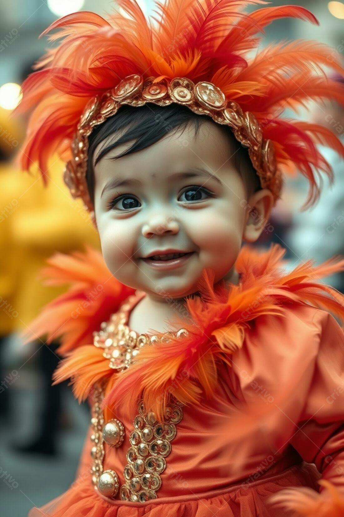 Bebê sorridente com fantasia laranja e penas