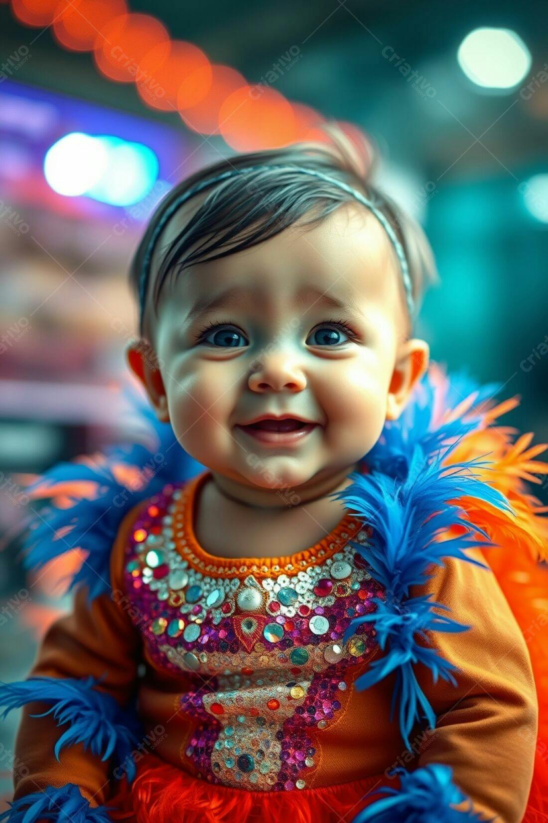 Bebê sorridente em fantasia colorida
