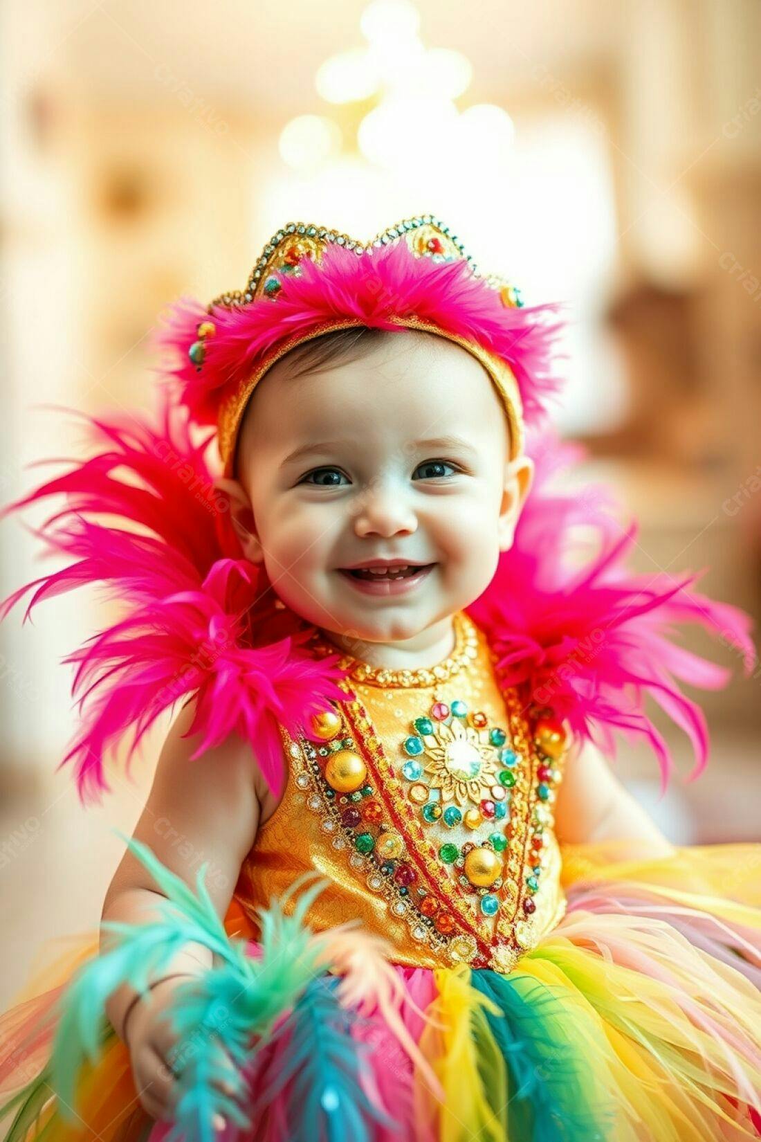 Bebê sorridente com fantasia colorida de carnaval