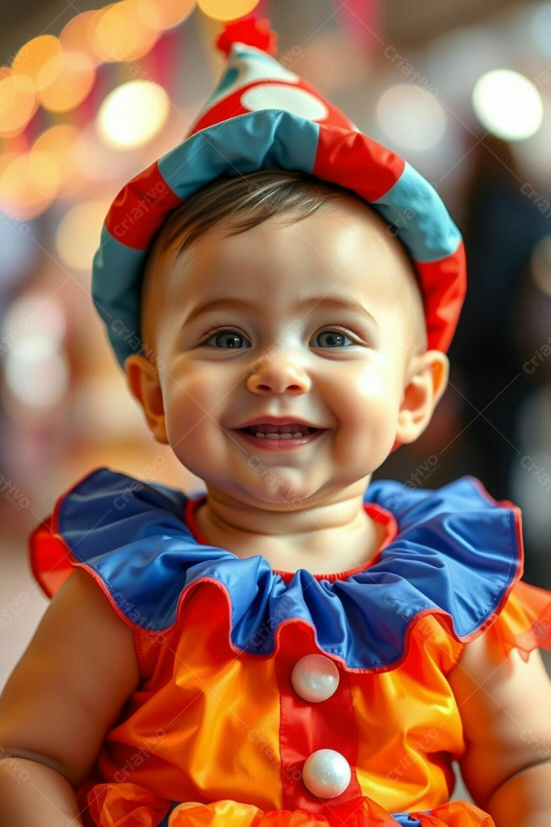 Bebê sorridente com fantasia de palhaço