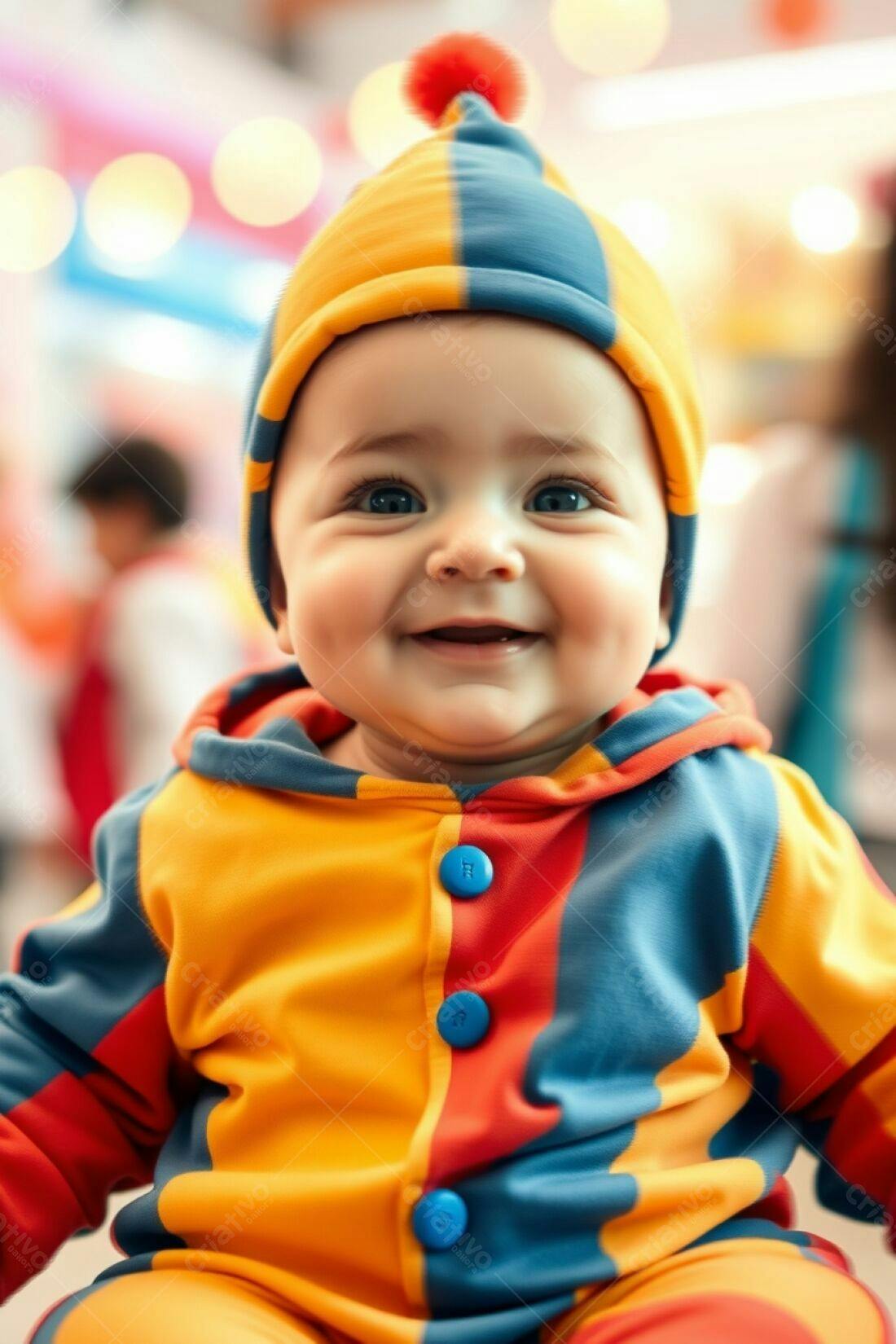 Bebê sorridente com roupa de palhaço