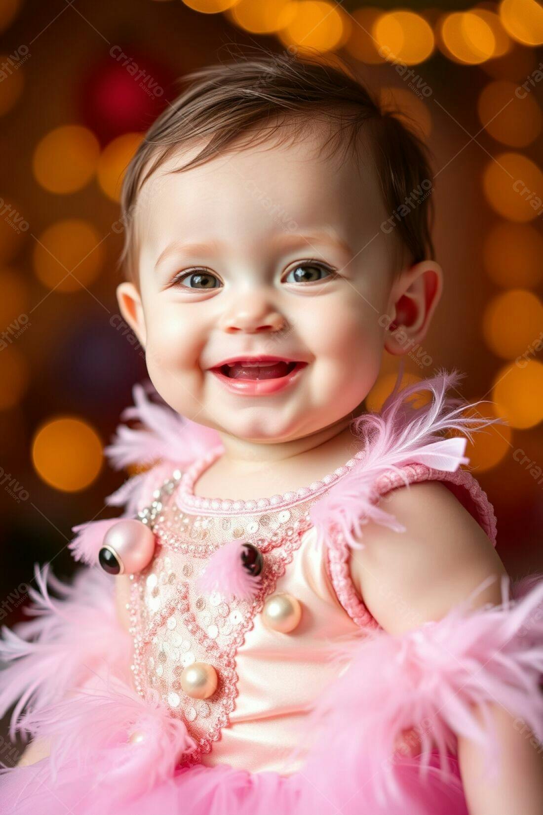 Bebê sorridente em vestido rosa com fundo de luzes