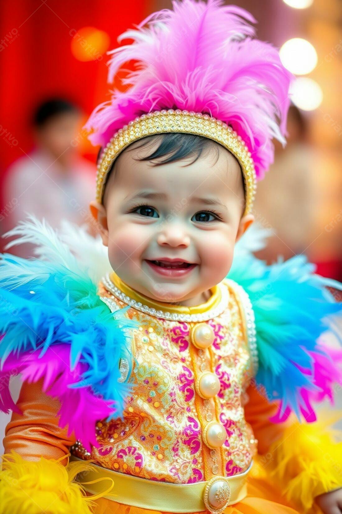 Bebê sorridente com fantasia colorida de penas