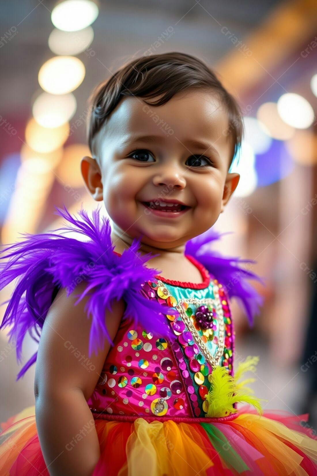 Bebê sorridente em fantasia colorida