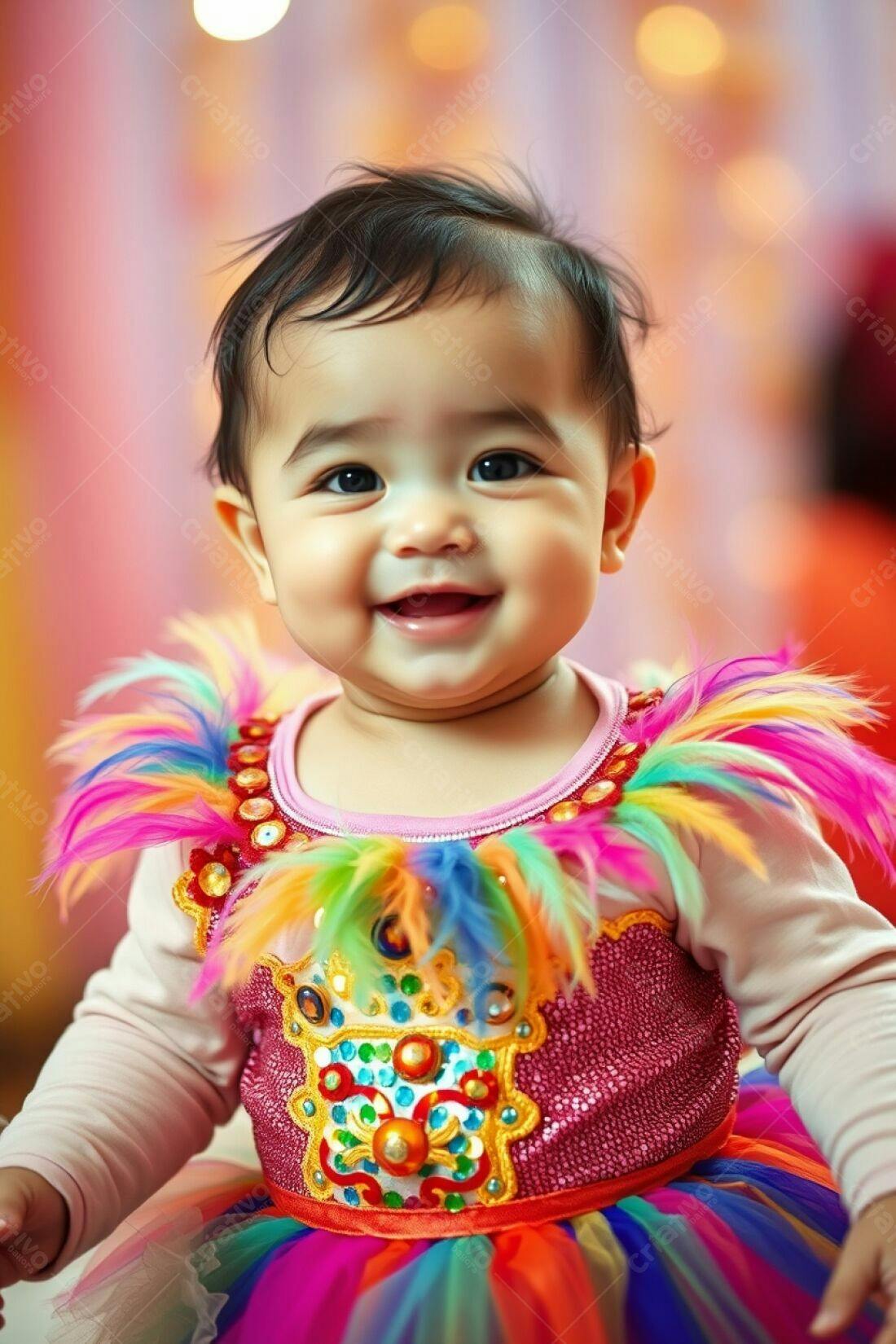 Bebê sorridente em vestido colorido