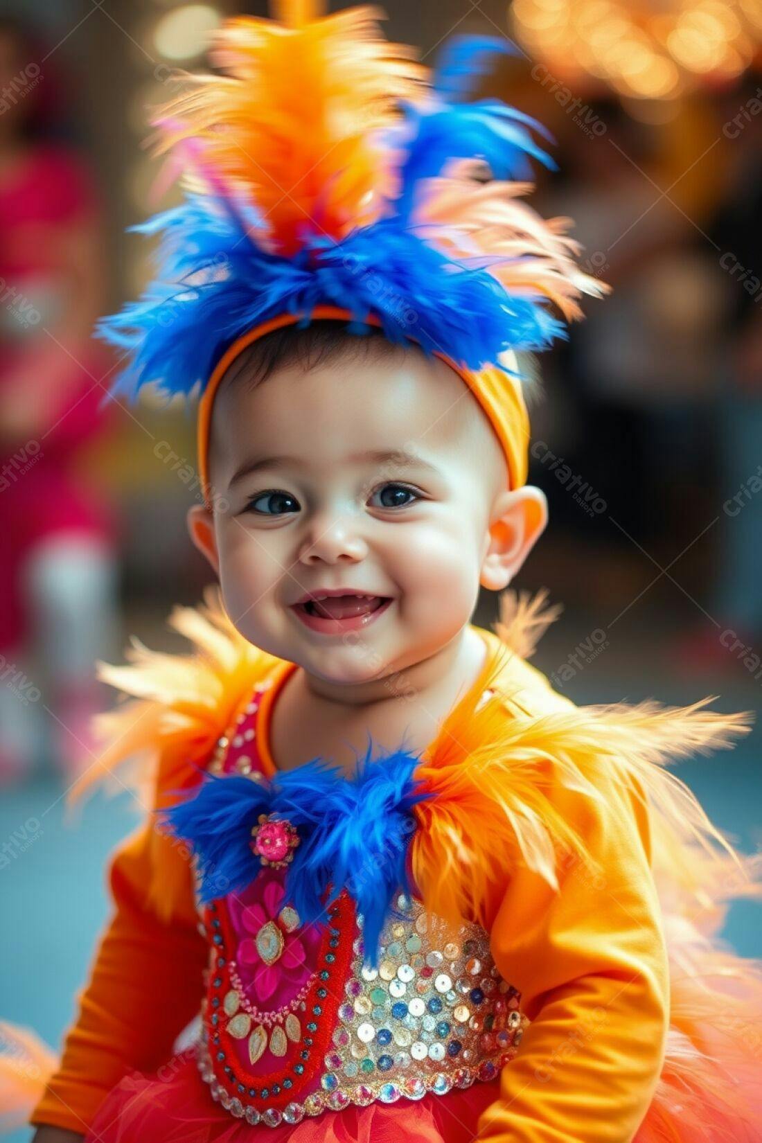 Bebê sorridente fantasia carnaval laranja azul