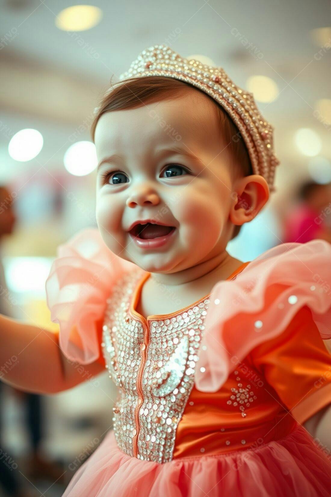 Bebê sorridente com coroa usando vestido laranja