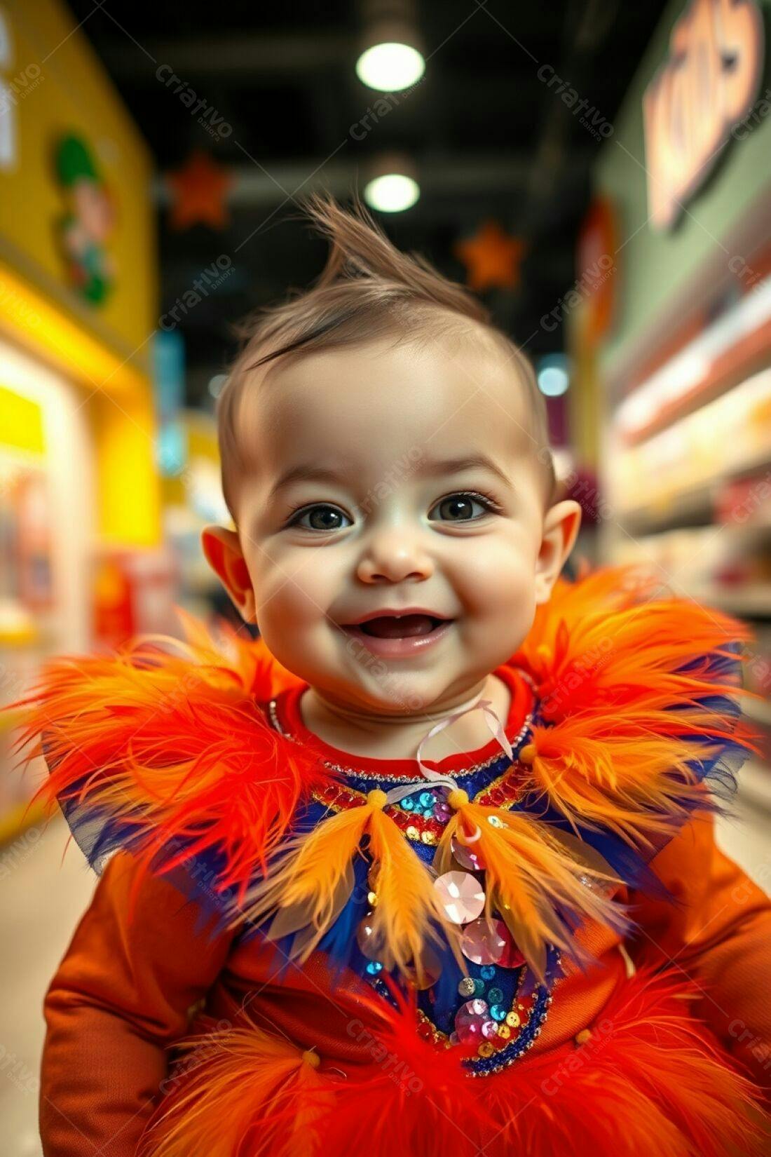 Bebê sorridente em fantasia laranja e azul
