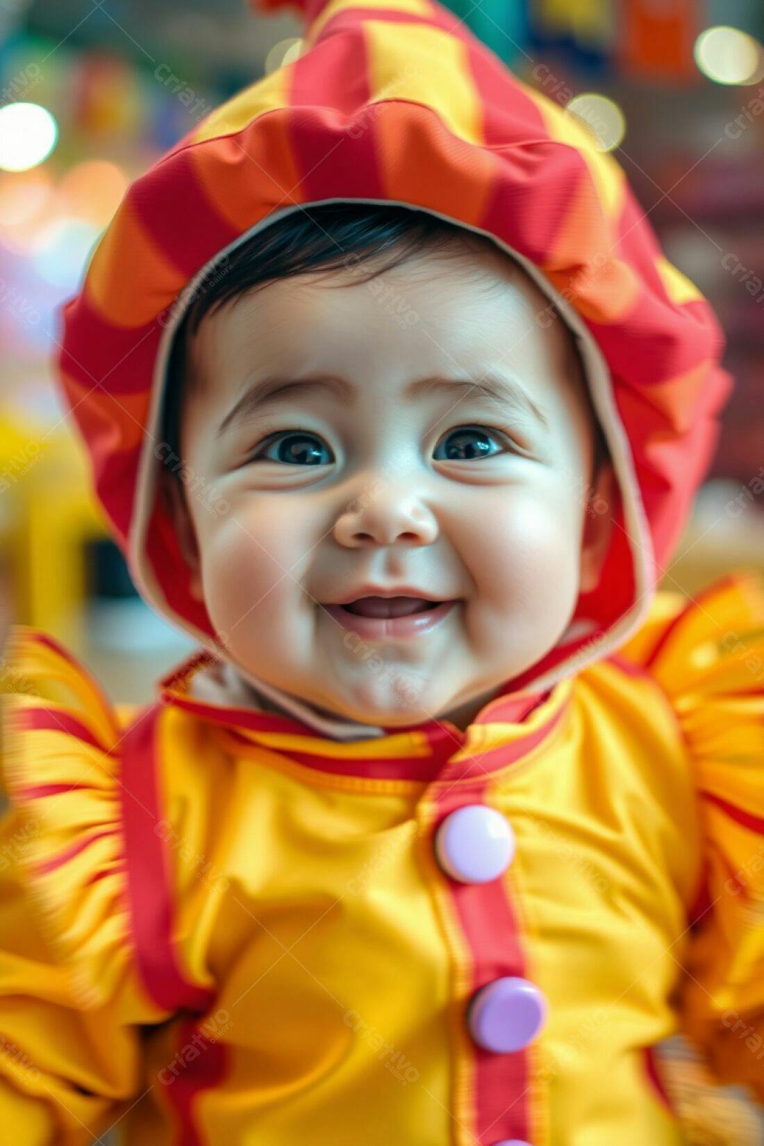 Bebê sorridente roupa amarelo e vermelho