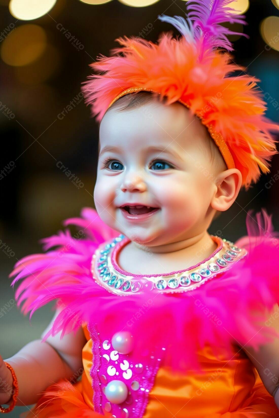 Bebê sorridente com fantasia rosa e laranja