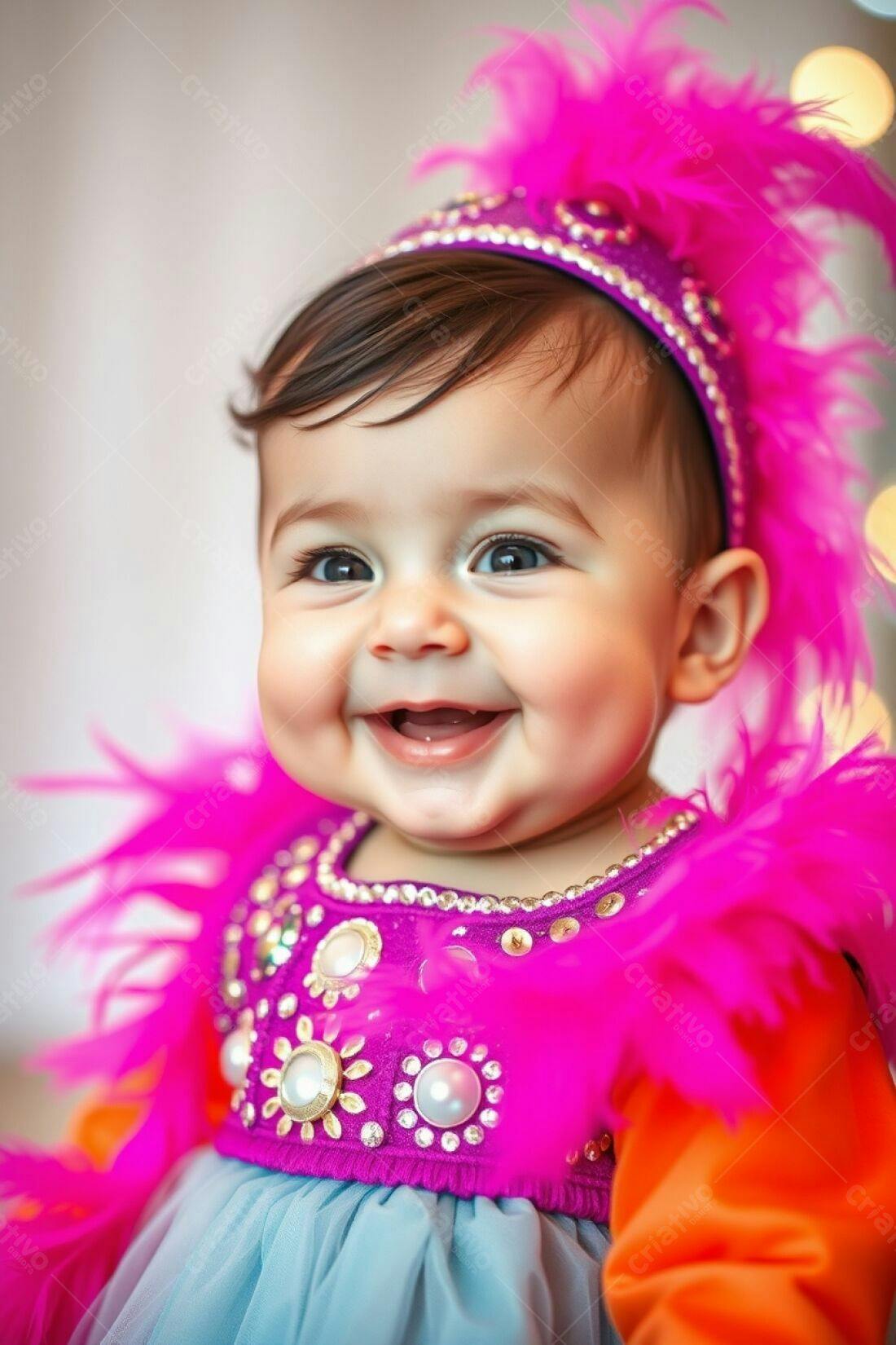 Bebê sorridente com fantasia rosa e roxa