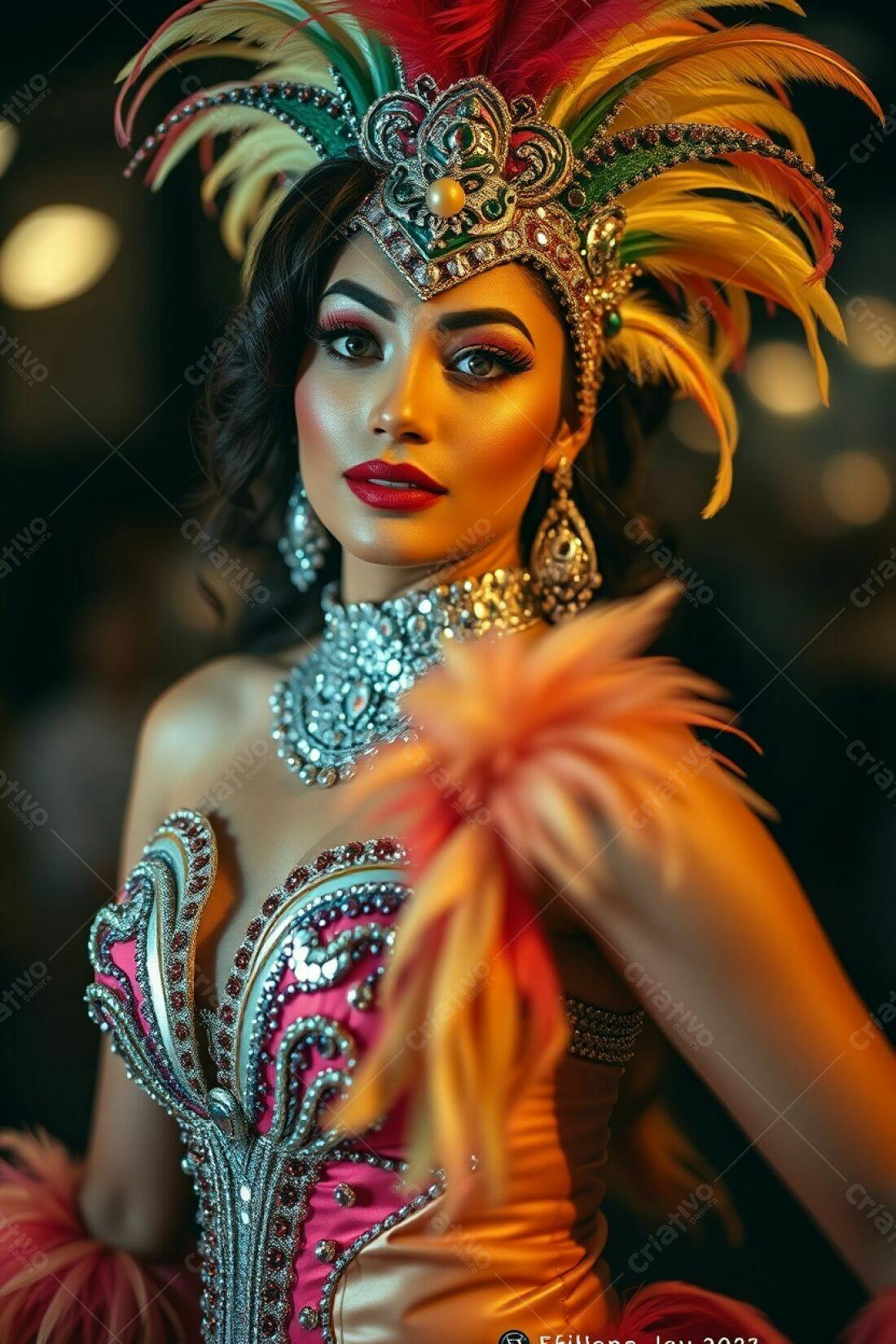 Bailarina com fantasia colorida e plumas