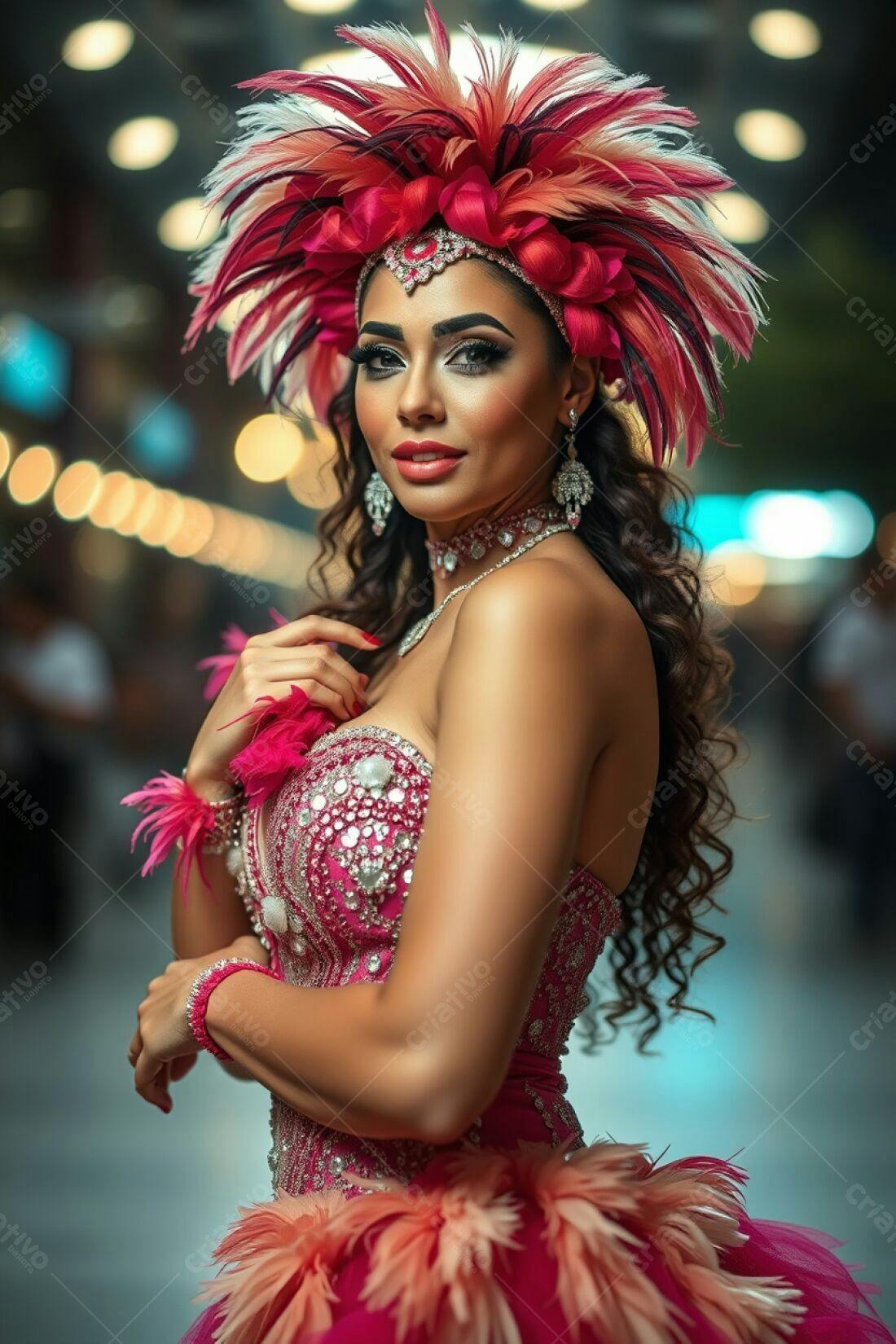 Modelo com fantasia de penas rosa e vermelha