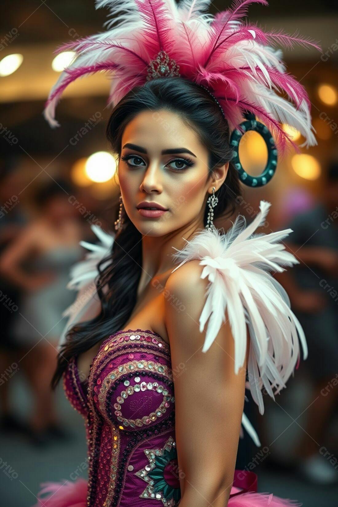 Modelo com fantasia de penas rosa e branca