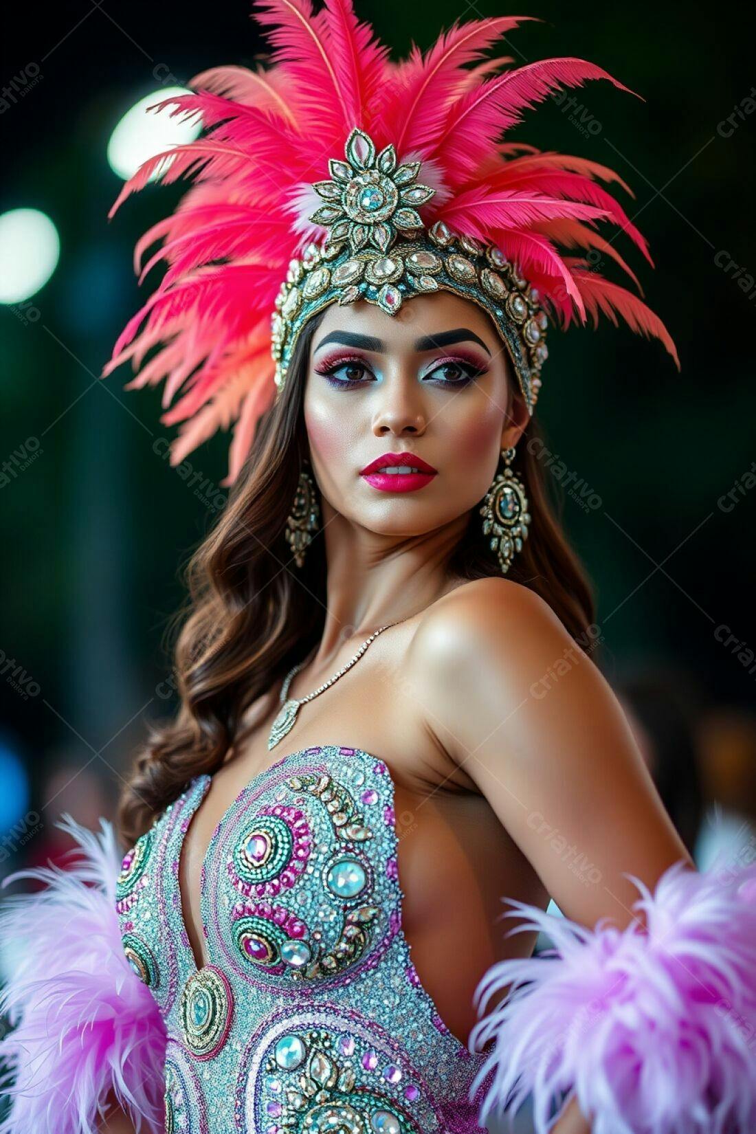 Modelo com fantasia de carnaval rosa e azul