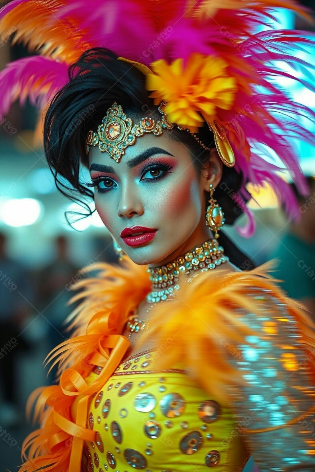 Bailarina com fantasia vibrante e penas