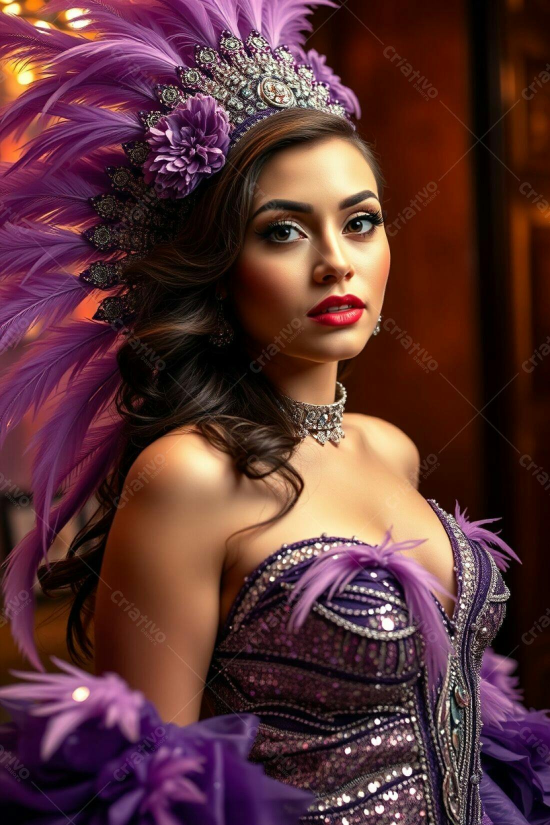 Modelo usando vestido e coroa roxos
