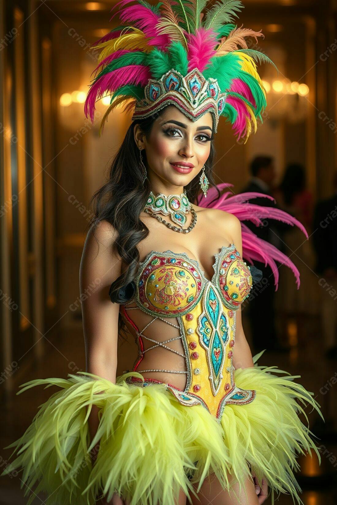 Mulher em traje de Carnaval amarelo e verde