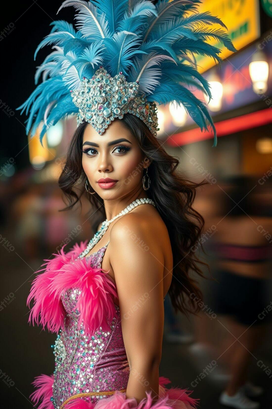 Modelo com fantasia de carnaval azul e rosa