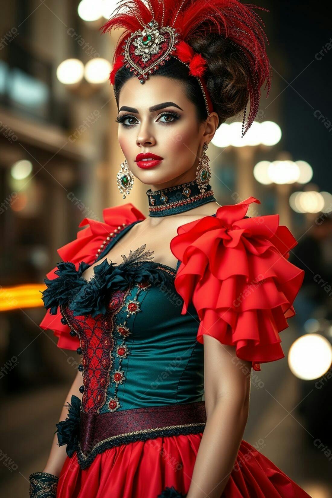 Modelo vestindo traje vermelho e verde noite