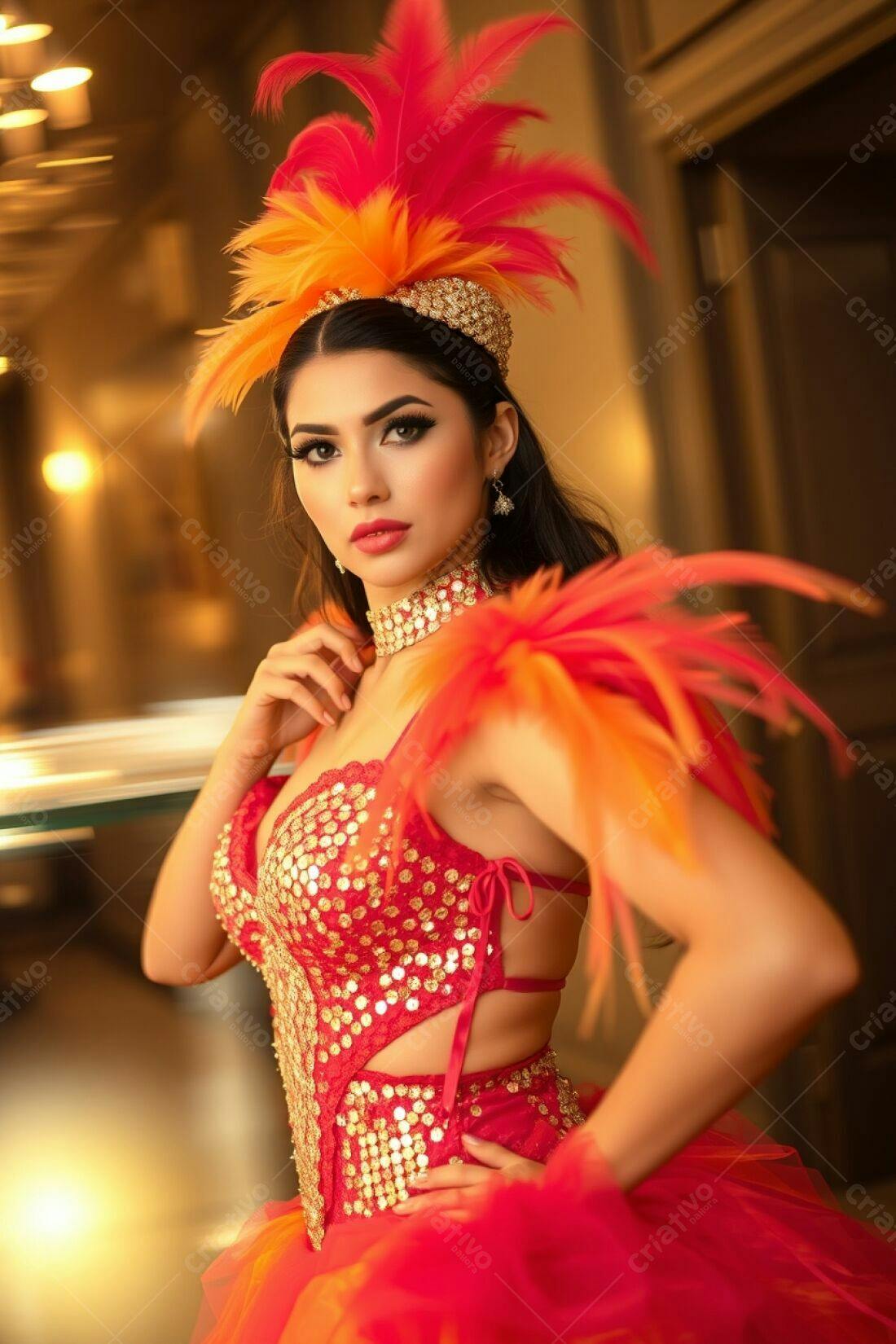 Modelo com fantasia de carnaval vermelho e laranja