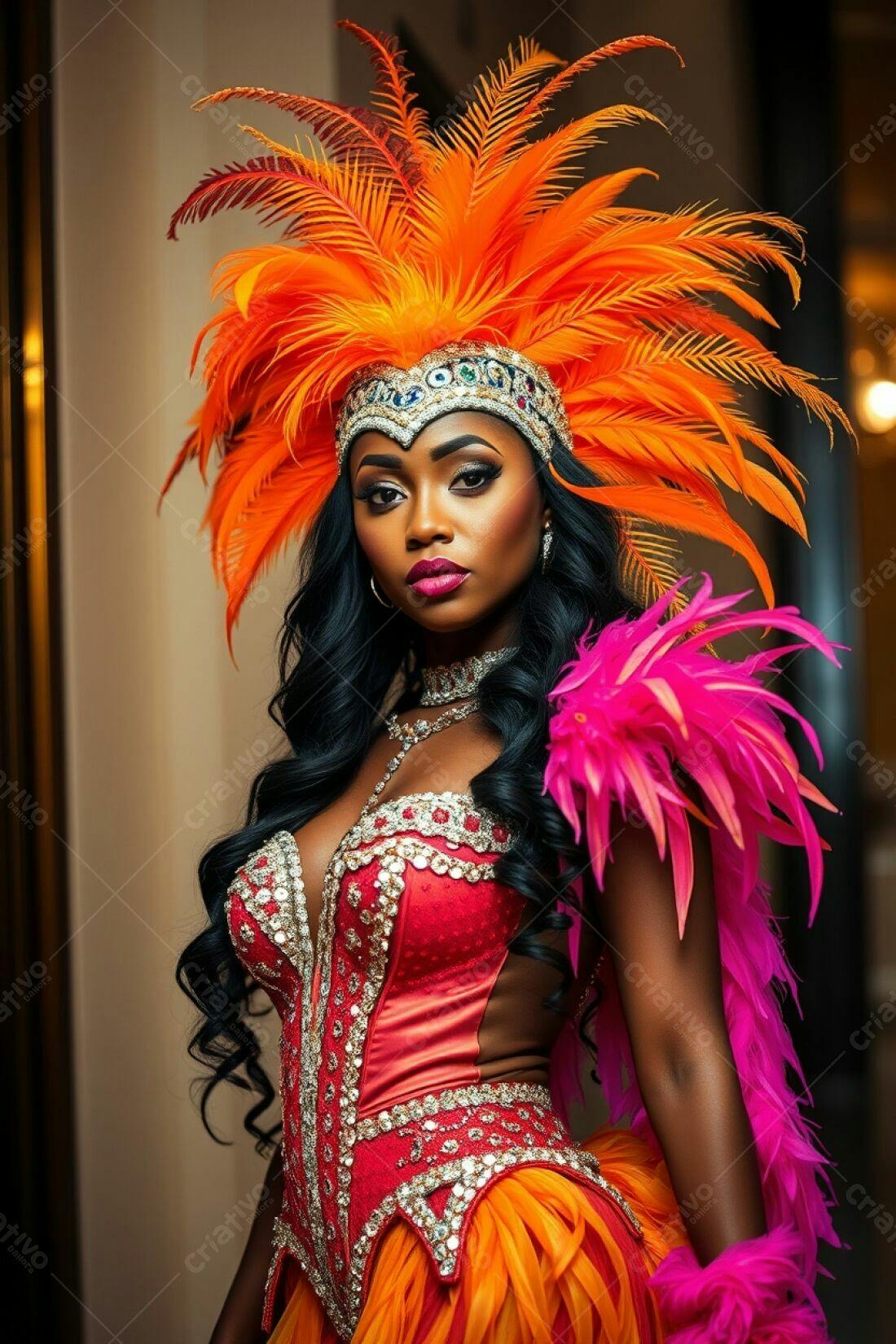 Modelo negra com fantasia de carnaval laranja e rosa