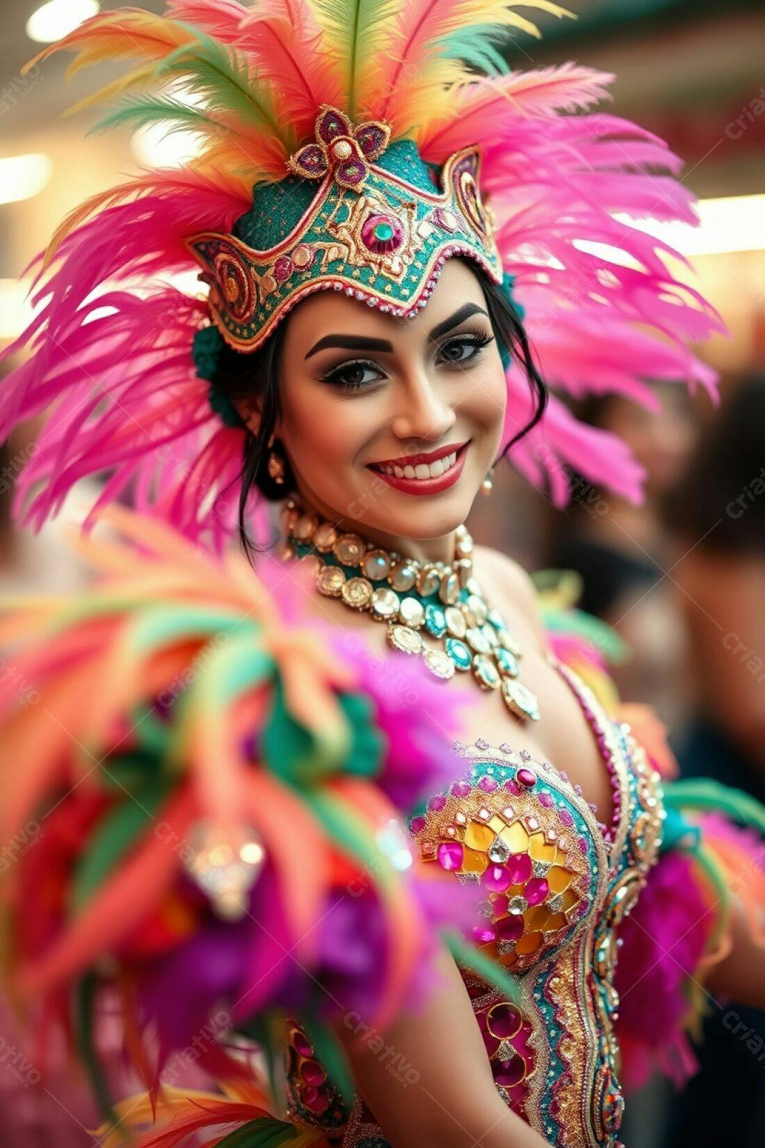 Mulher sorrindo em fantasia de Carnaval