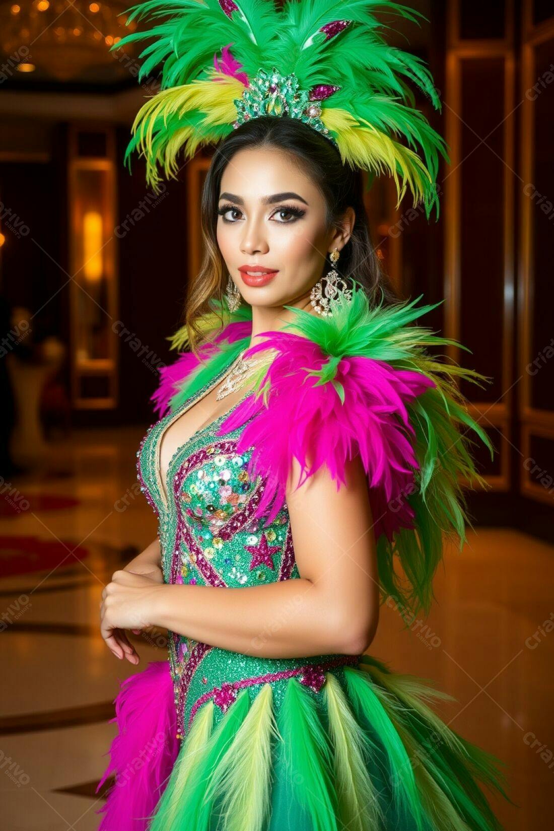 Modelo com vestido verde e rosa em evento