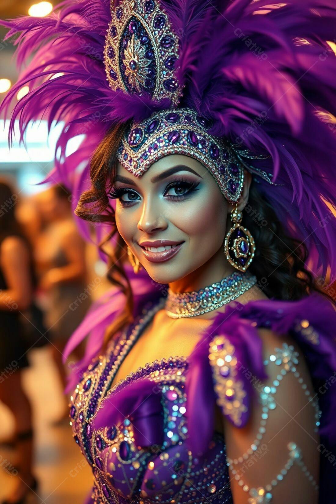 Modelo com fantasia roxa em carnaval