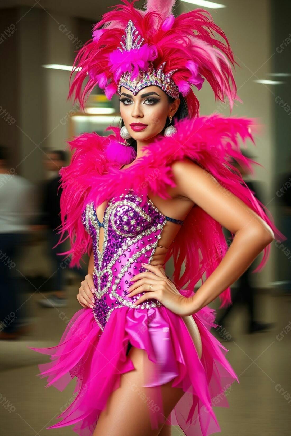 Modelo em fantasia rosa de carnaval