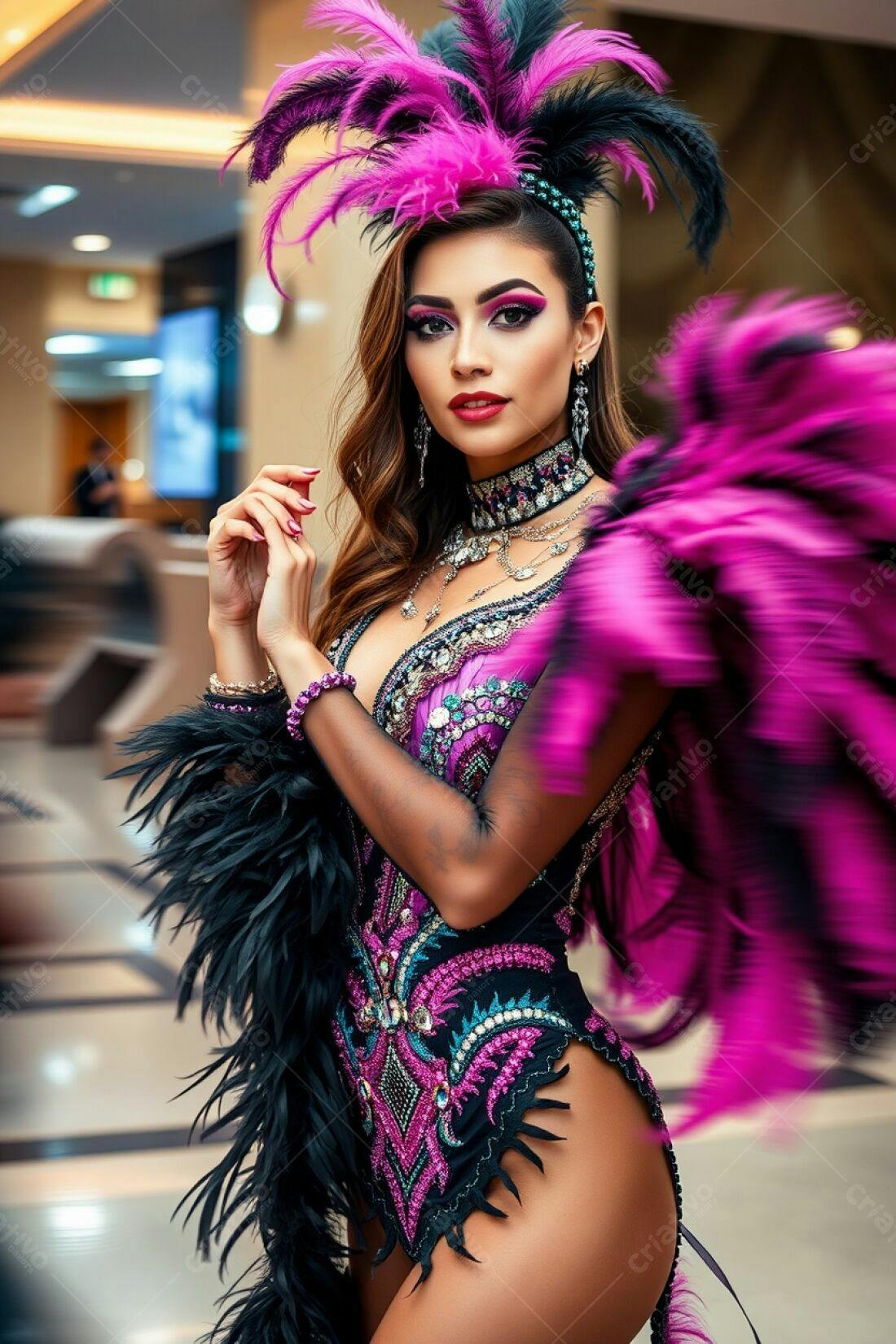 Modelo em fantasia de Carnaval rosa e preta