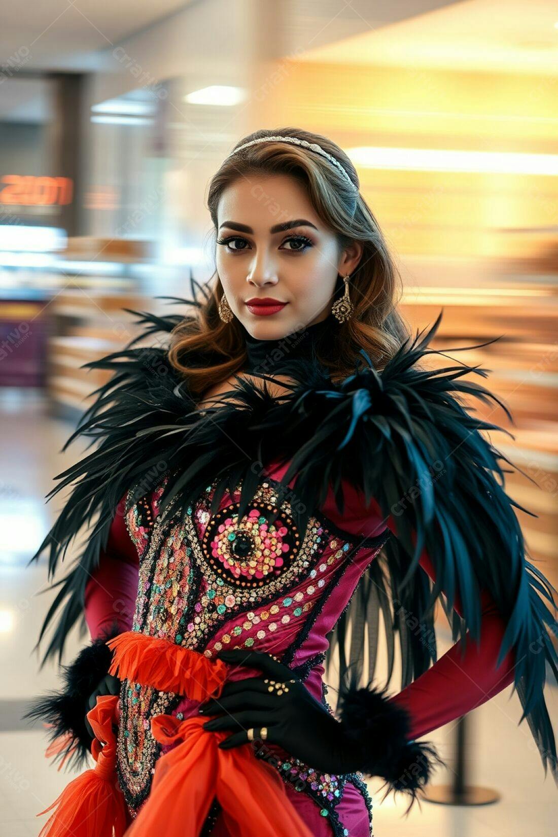 Bailarina em vestido vermelho e plumas pretas