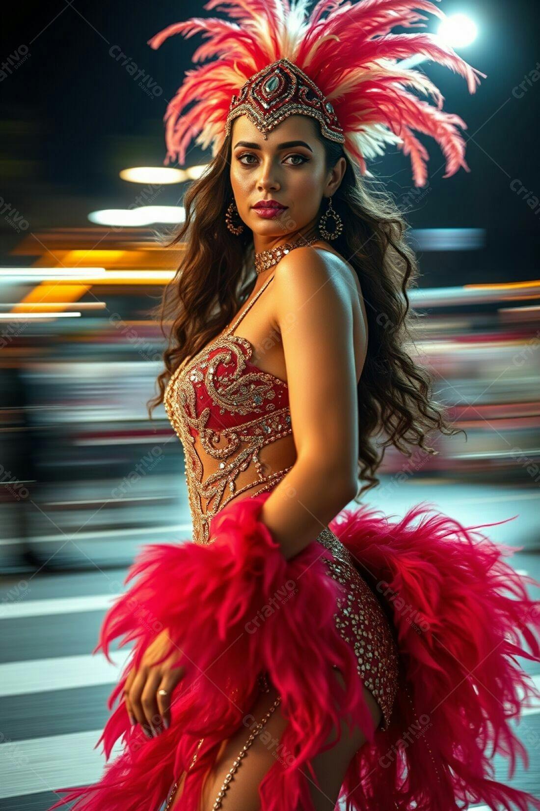 Modelo em fantasia de Carnaval rosa e dourado