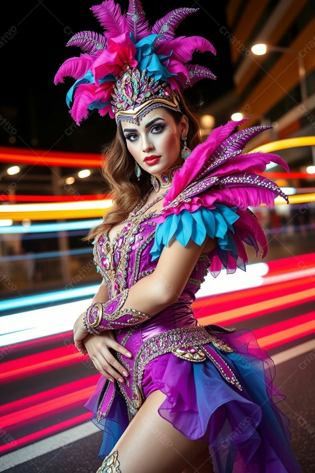 Mulher em fantasia de Carnaval roxa e rosa