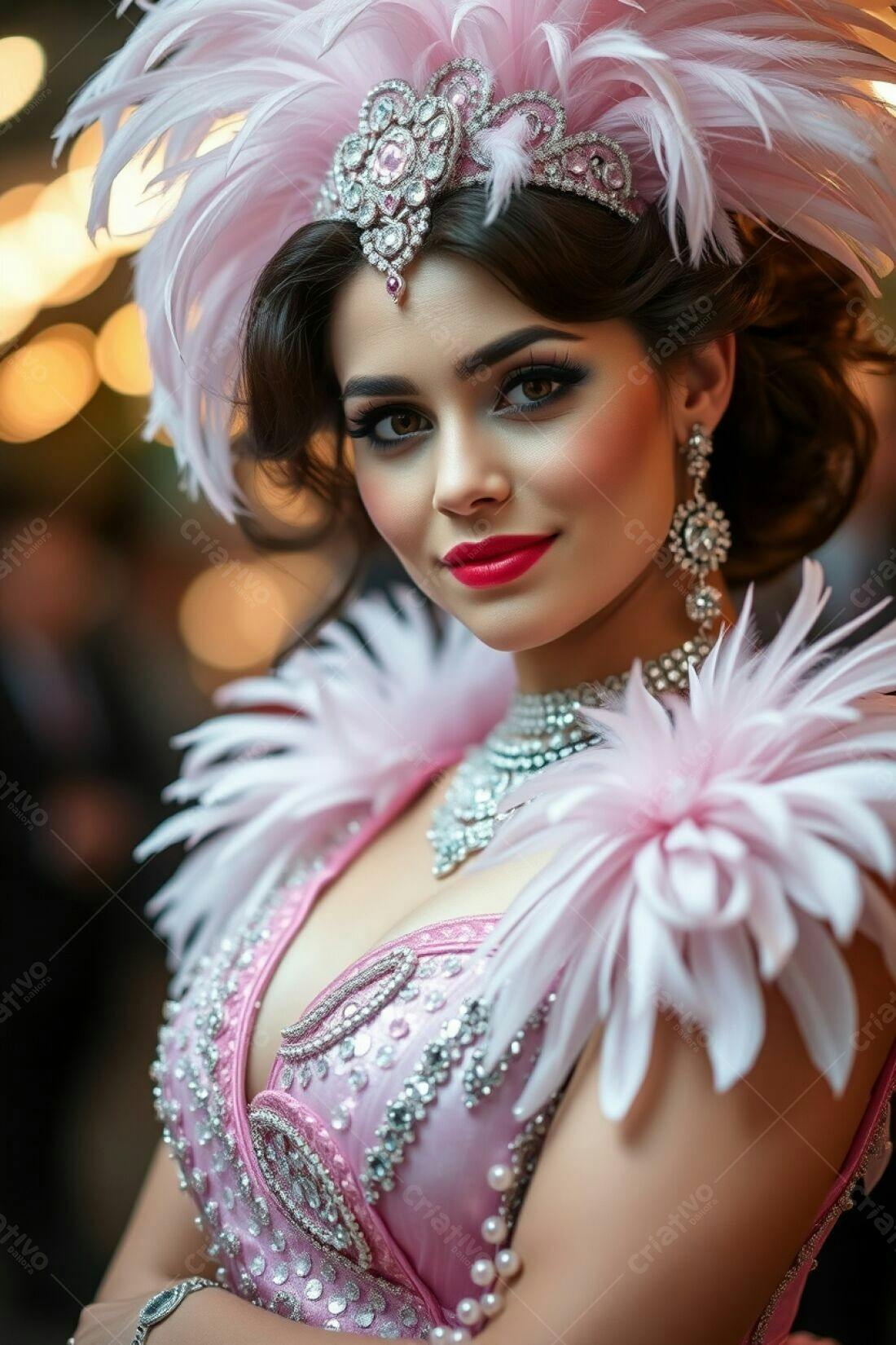 Bailarina em traje rosa com penas
