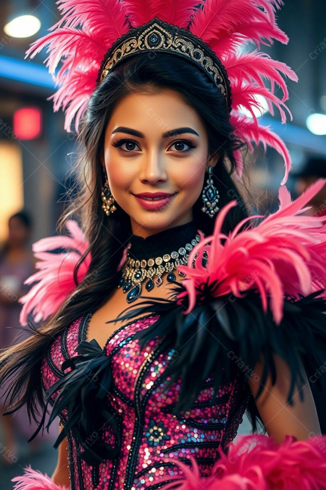 Modelo Asiática em fantasia rosa e preta