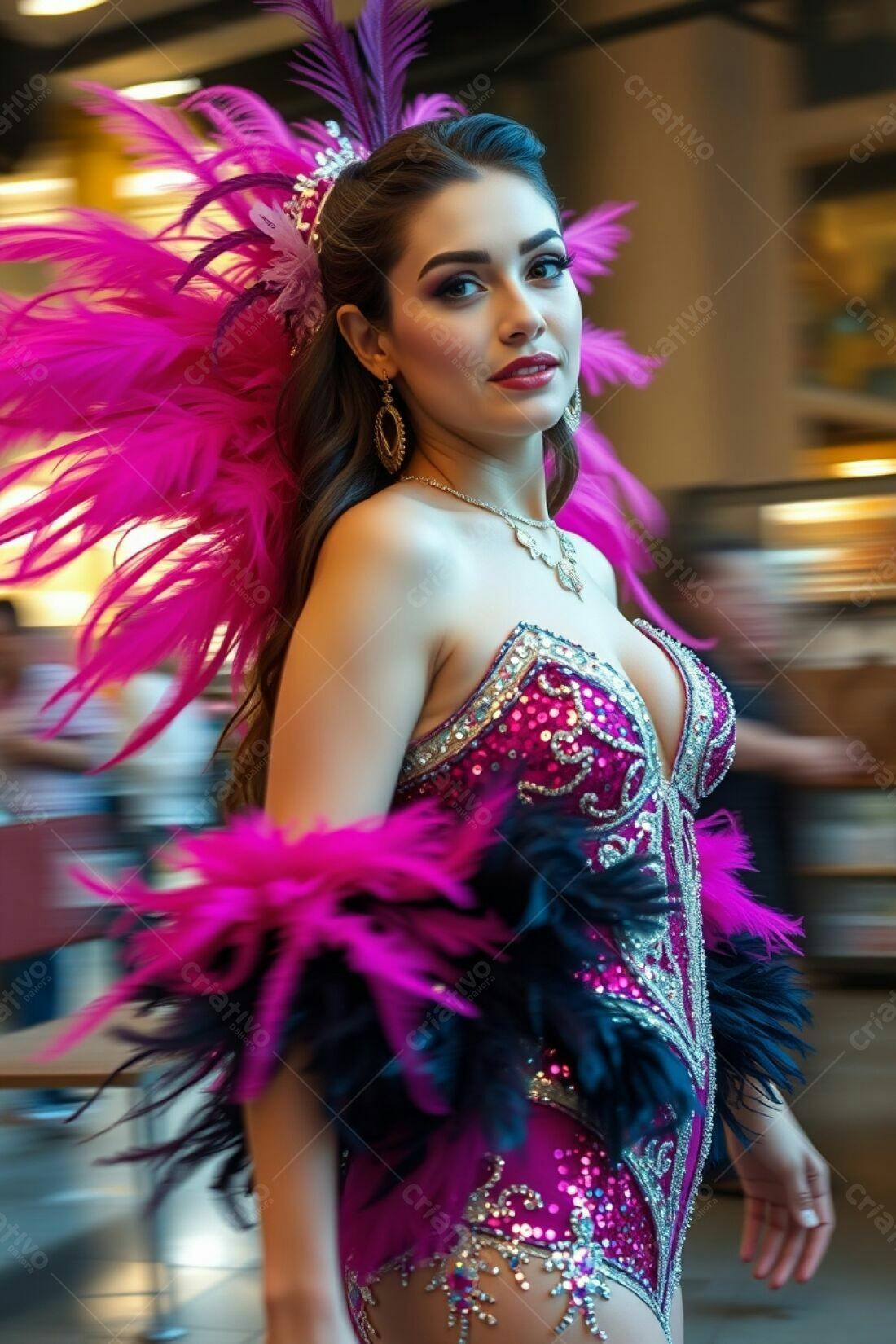 Modelo com fantasia rosa e penas em desfile