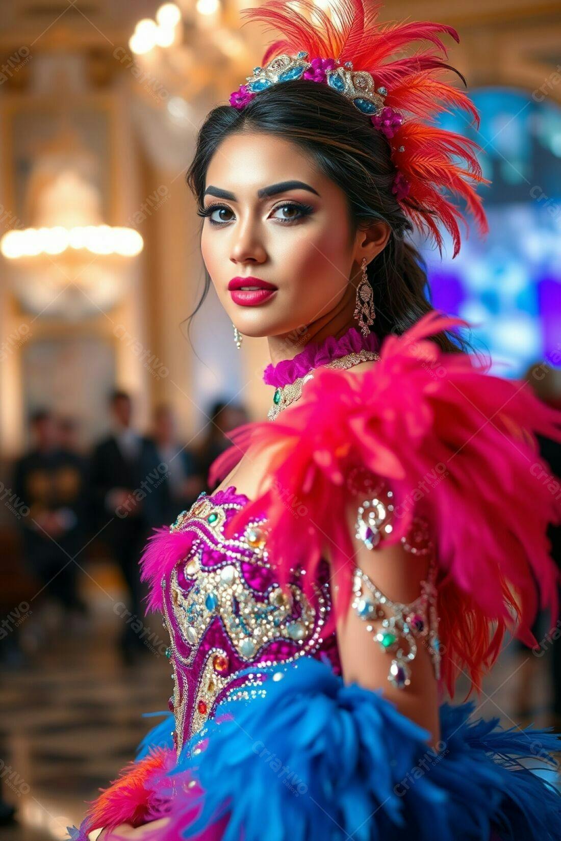Modelo com fantasia colorida em evento