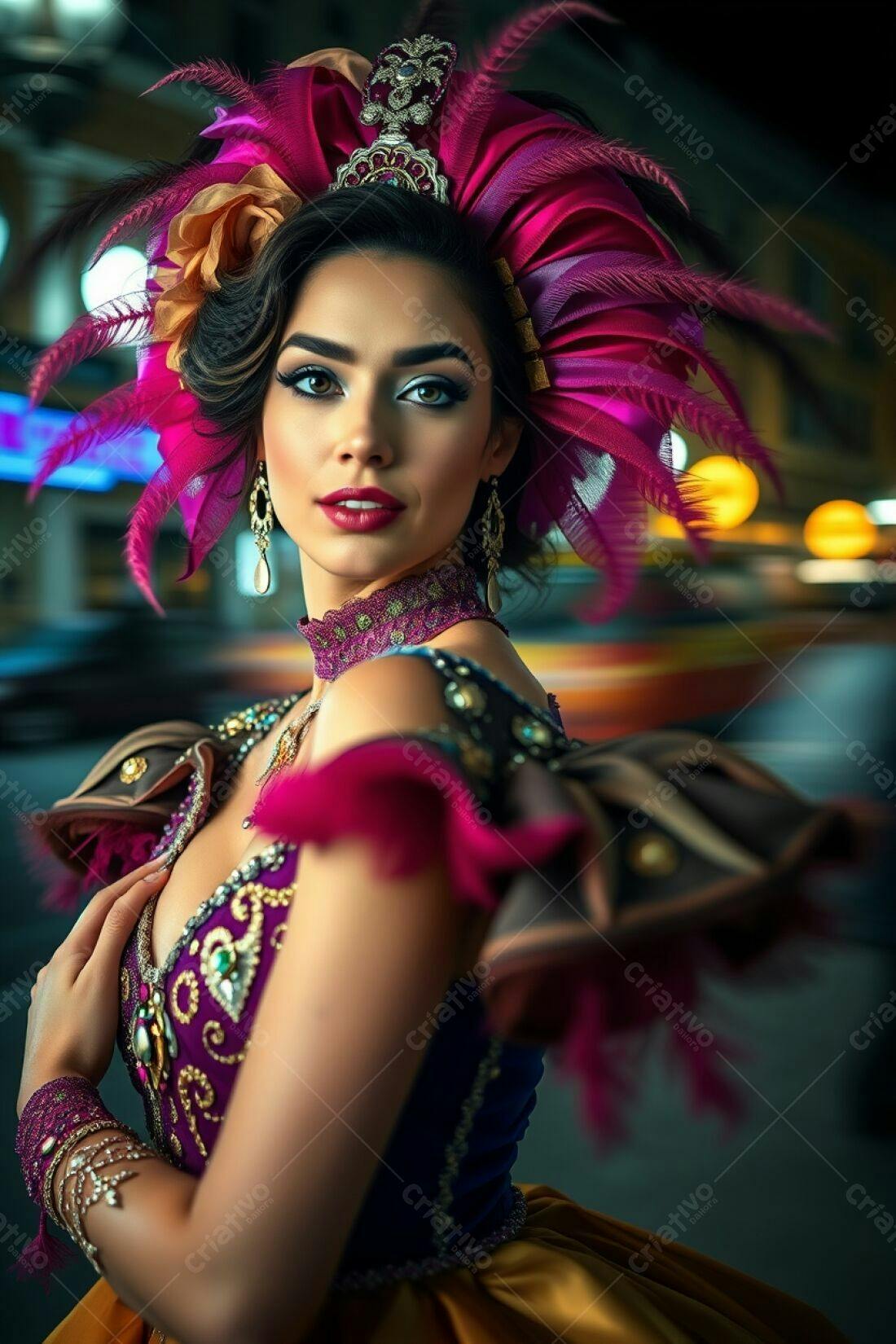 Modelo com fantasia roxa e rosa em noite urbana