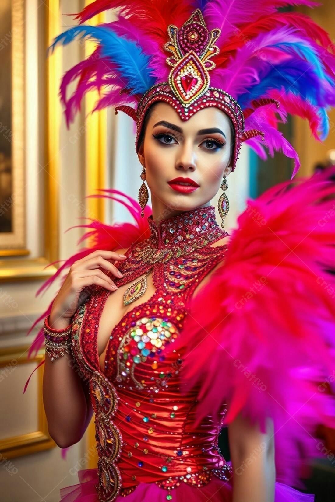 Bailarina em traje vermelho com penas vibrantes