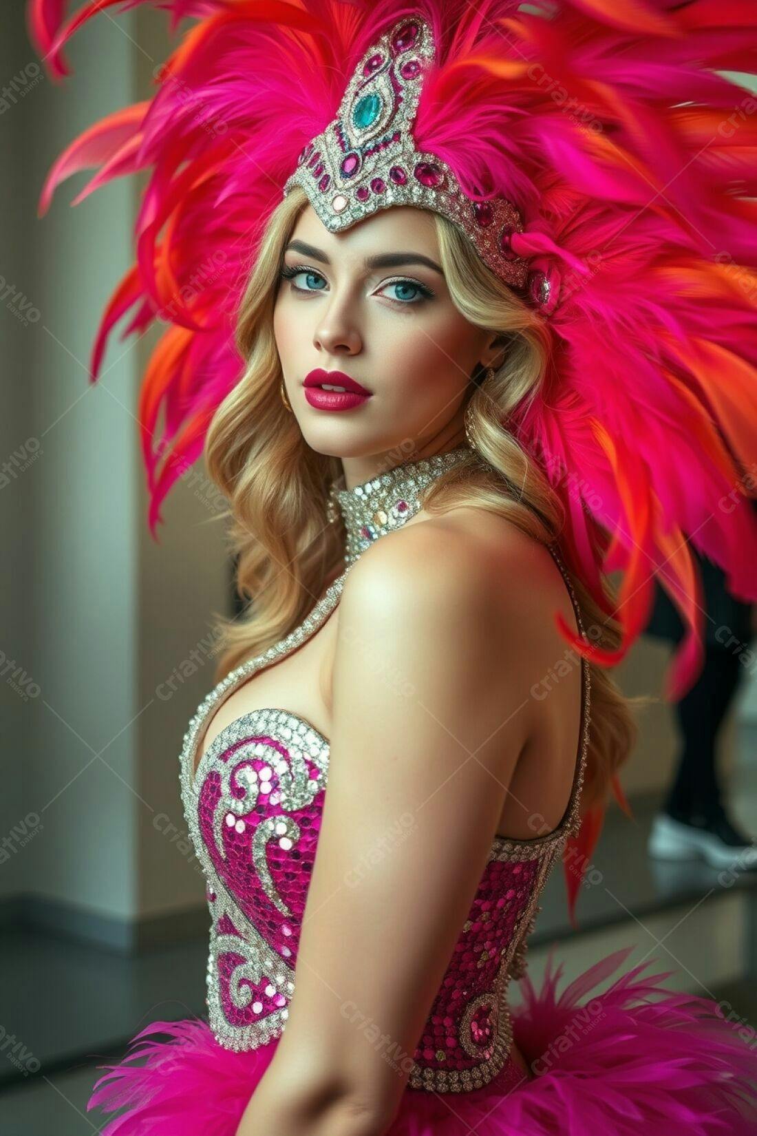 Modelo com fantasia de penas rosa e brilhantes