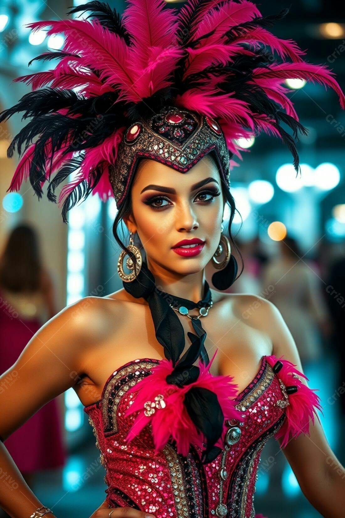 Modelo com fantasia de penas rosa e preta