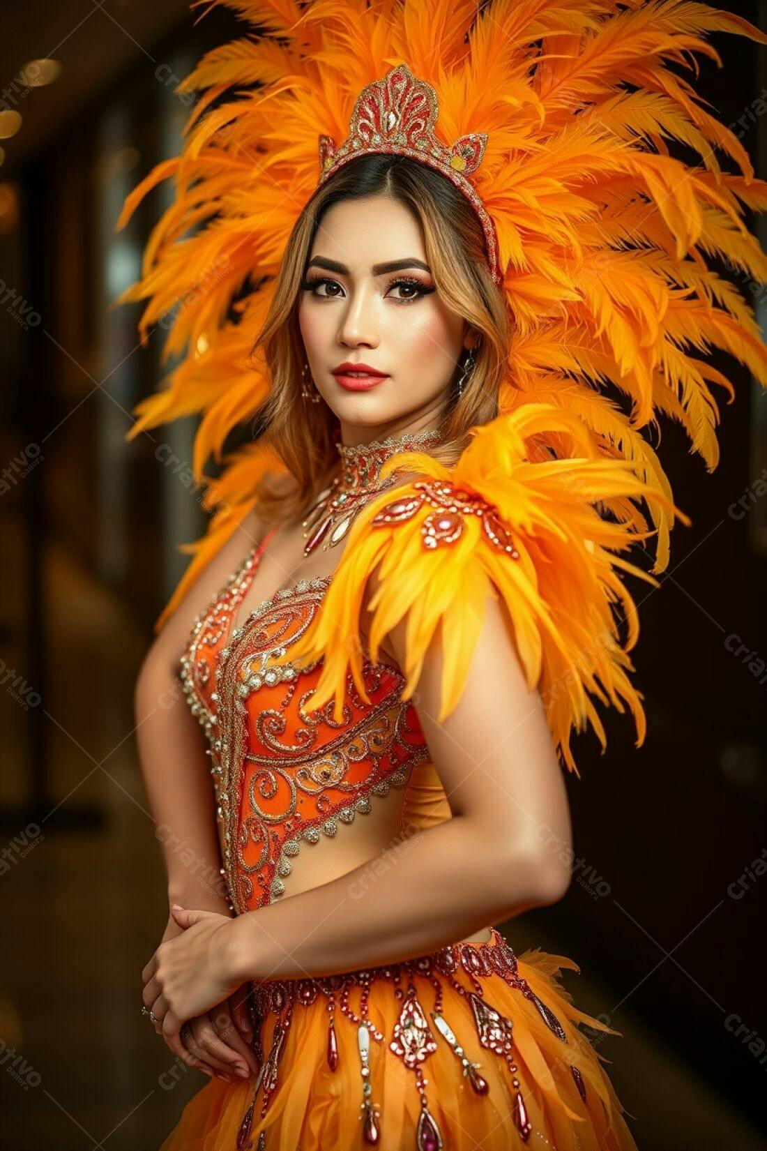 Modelo com fantasia laranja e penas