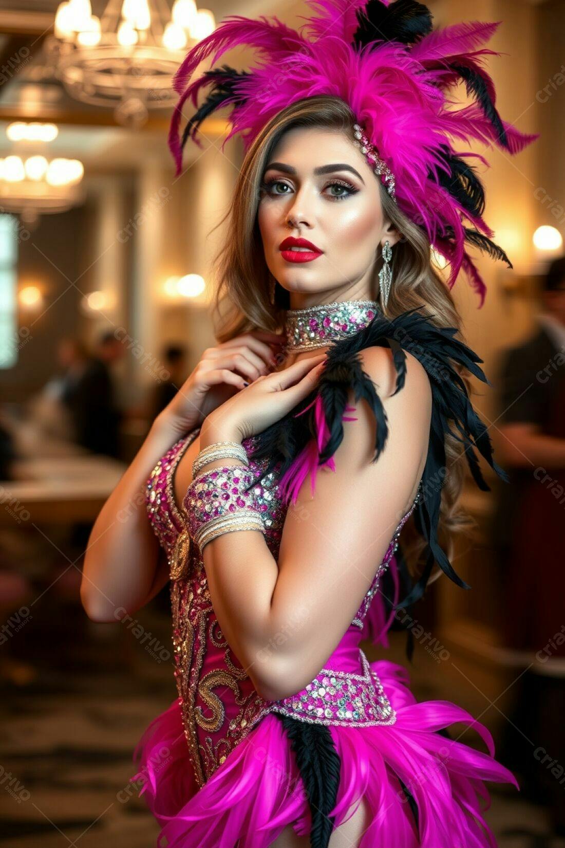 Modelo usando fantasia rosa e penas