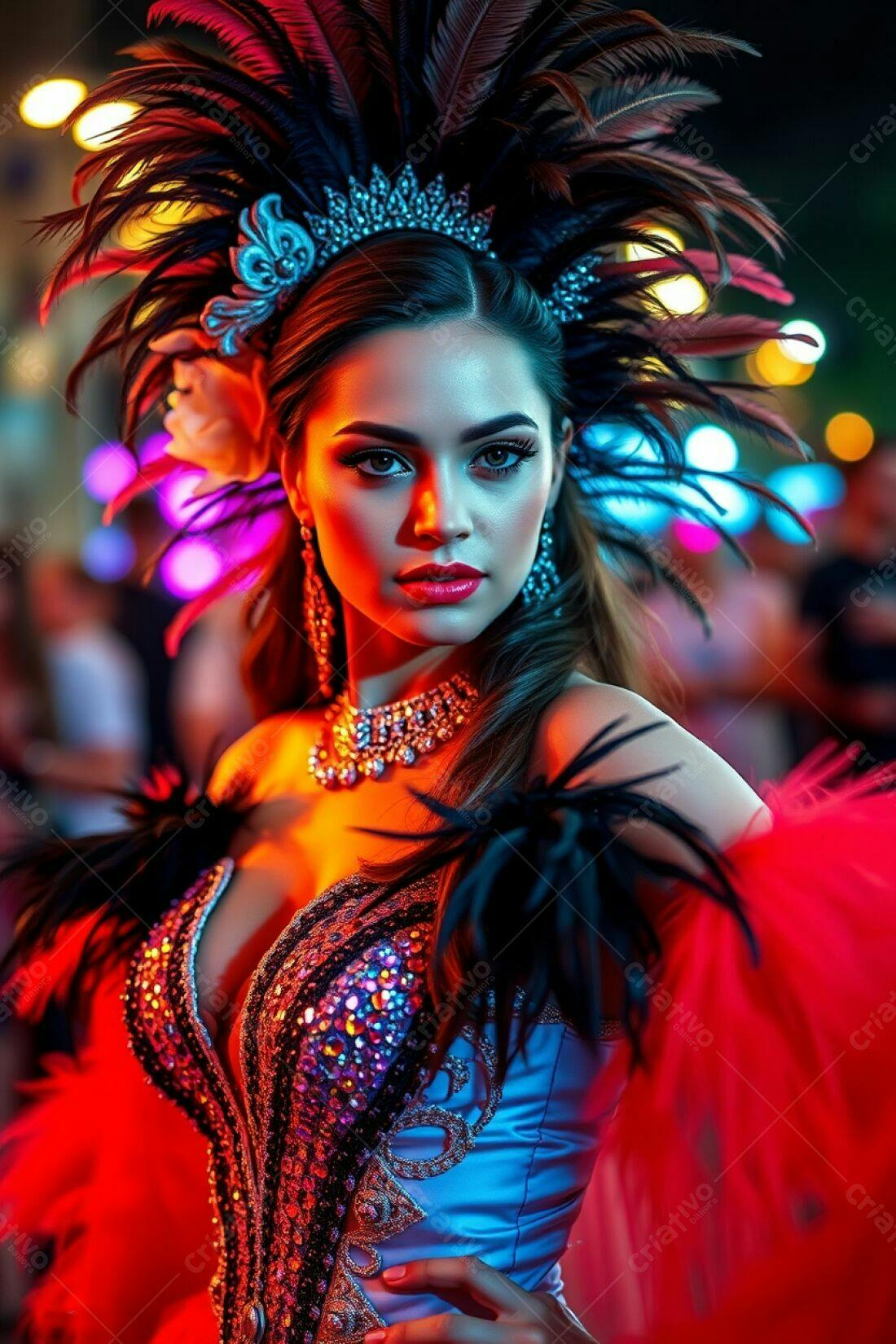 Bailarina em traje de penas e luzes vibrantes