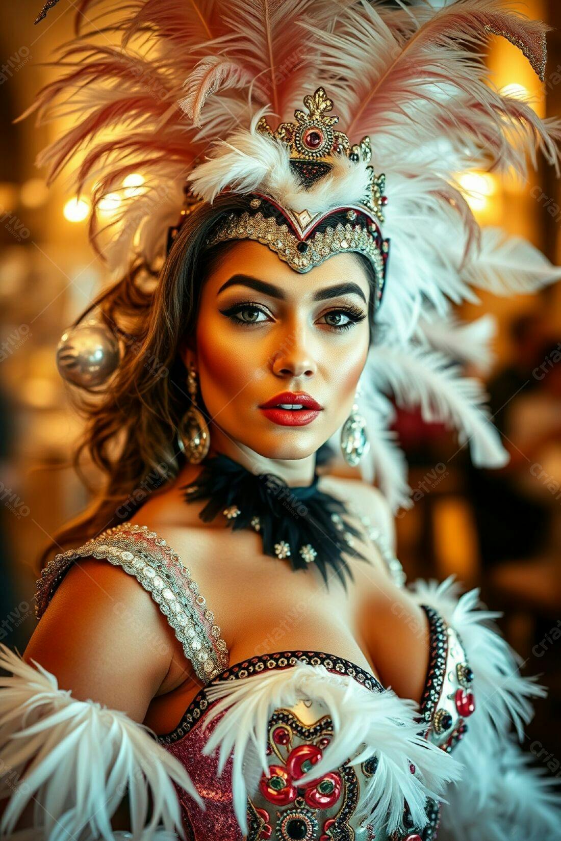 Modelo usando fantasia de penas e cristais