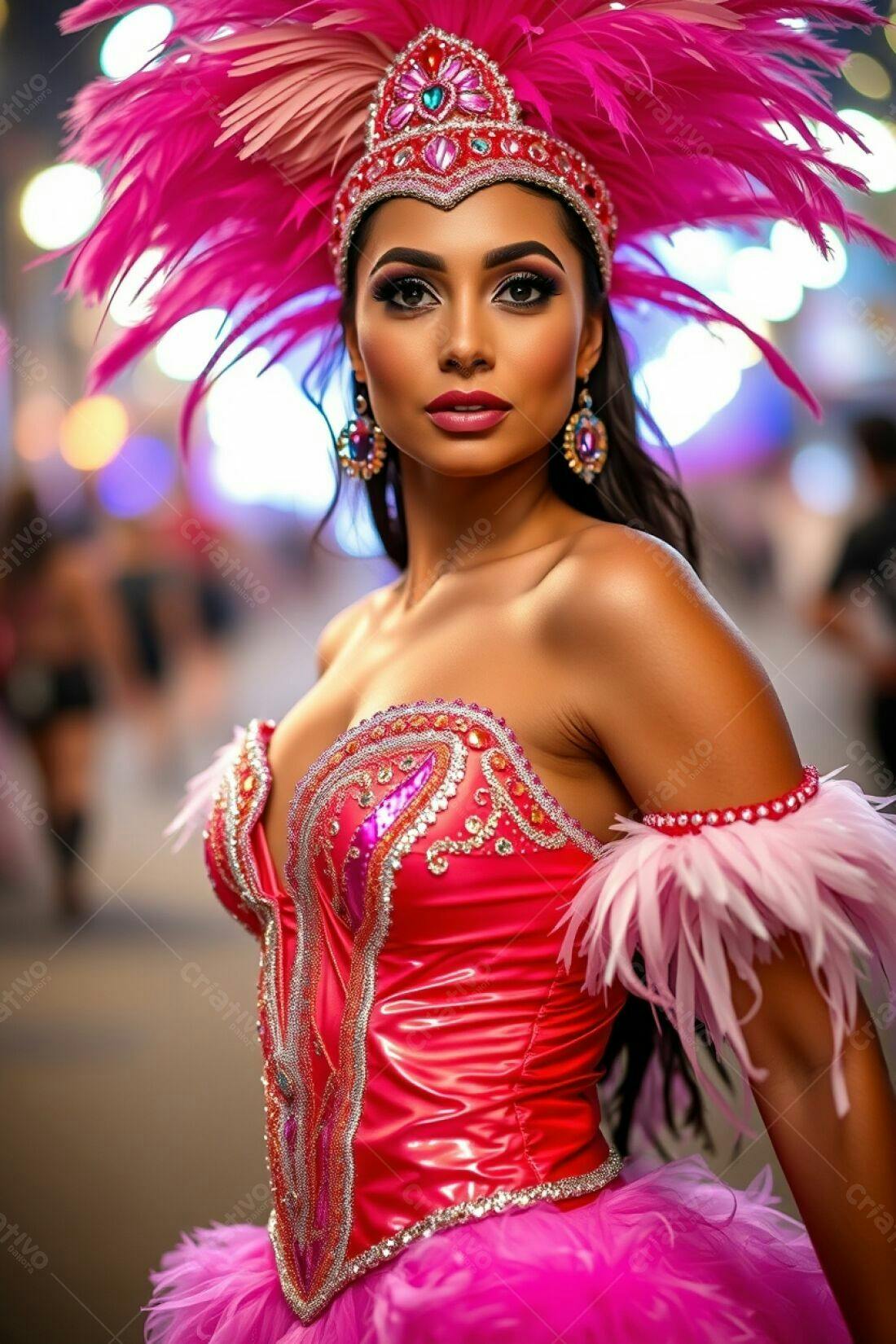 Modelo com fantasia rosa em desfile de carnaval