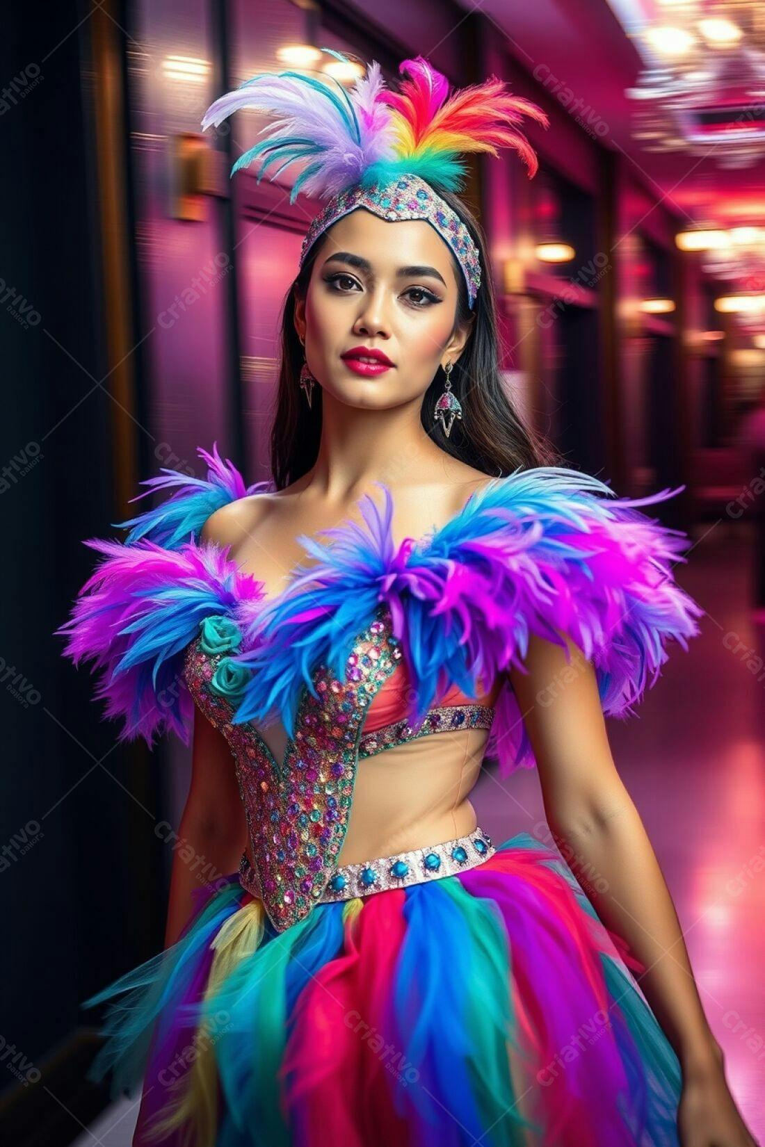 Bailarina com fantasia colorida e plumas