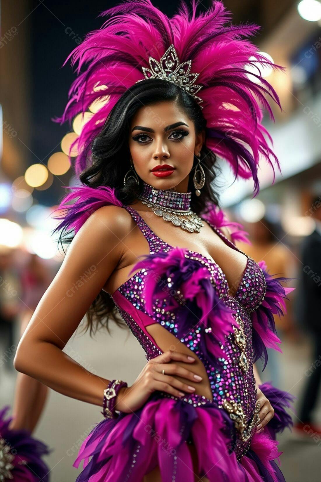 Modelo em fantasia de Carnaval rosa e roxa