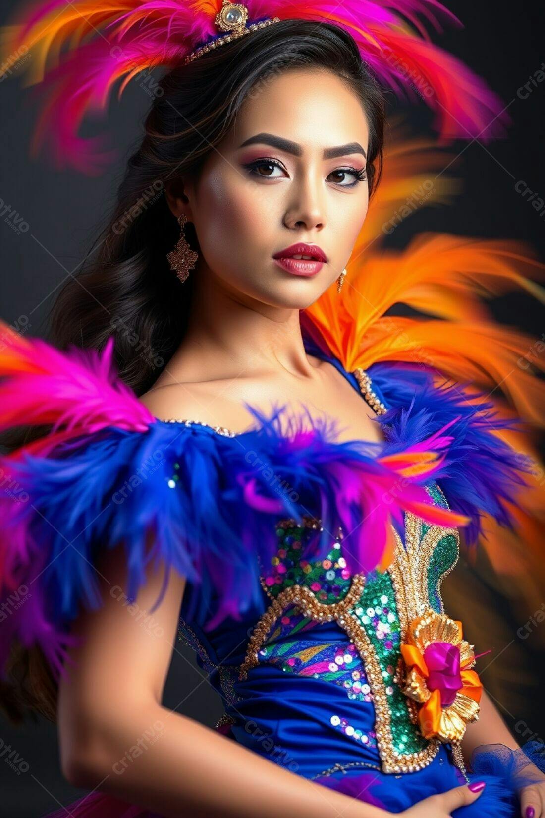 Modelo asiática em traje de penas vibrantes